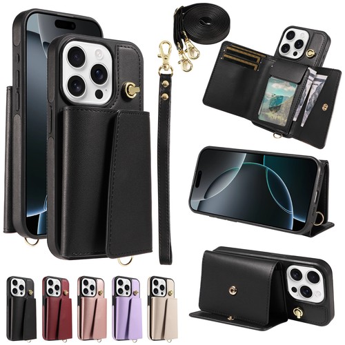 For iPhone 13 14 15 16 Pro Max TPU+Leather Case w/ Card Slot Wrist Strap Lanyard