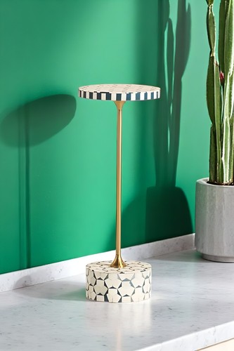 Bone Inlay Geometric Drink Table – Round Handmade Accent Table with Brass Accent - Picture 6 of 6