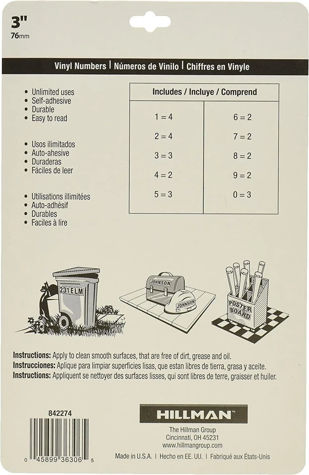 Hillman HILLMAN-842274 842274 3" despegable blanco y negro paquete de números de vinilo 2 piezas Foto 2 de 2