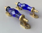 19c Vintage Original Old Brass Dark Blue Cut Glass Victorian Door Handle Pair