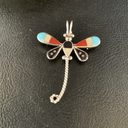 Turquoise Mother Of Pearl Zuni Sterling Silver Dragonfly Inlay Pin Pendant 12321 - Picture 4 of 12