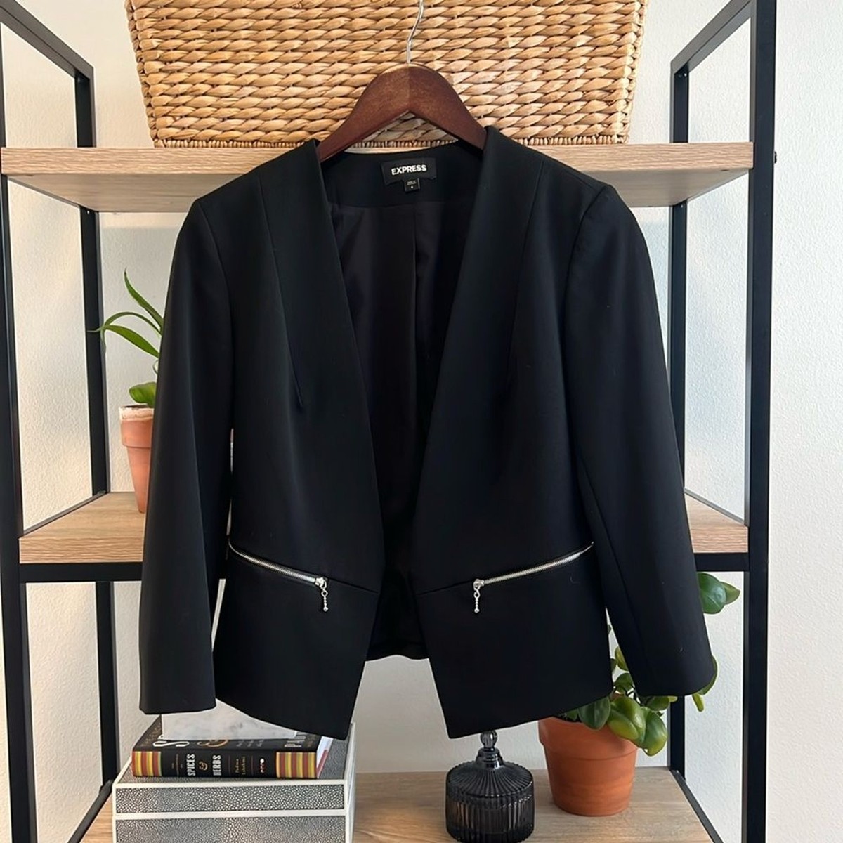 Express Black Woven Zipper Pocket Blazer Jacket,