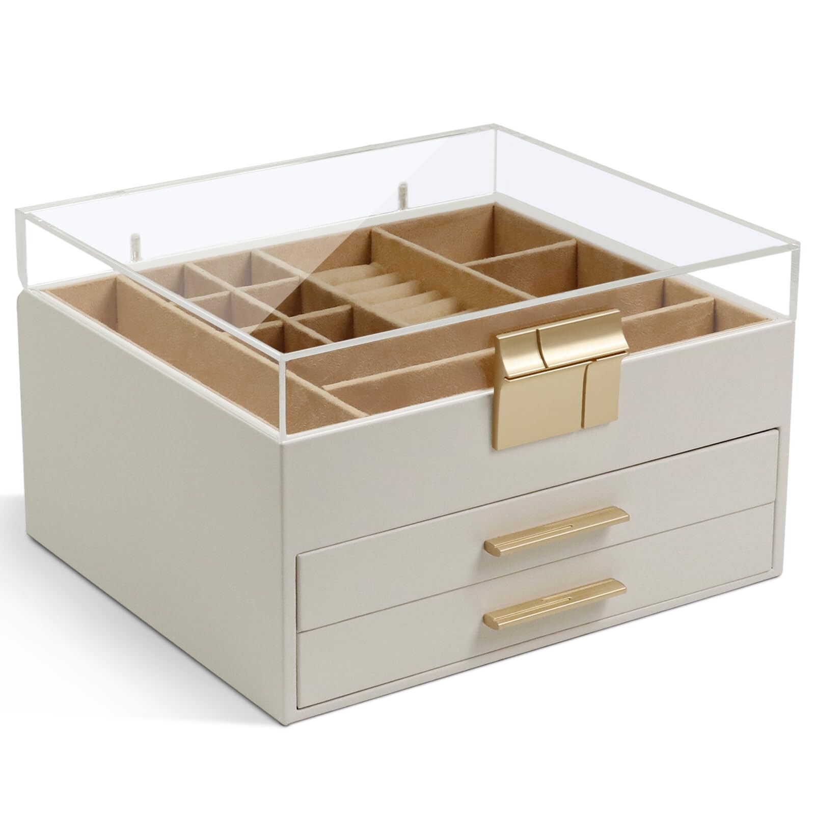 KAMIER Jewelry Box with Acrylic Lid, 3-Layer Jewelry Organizer, 2 Drawers, fo...