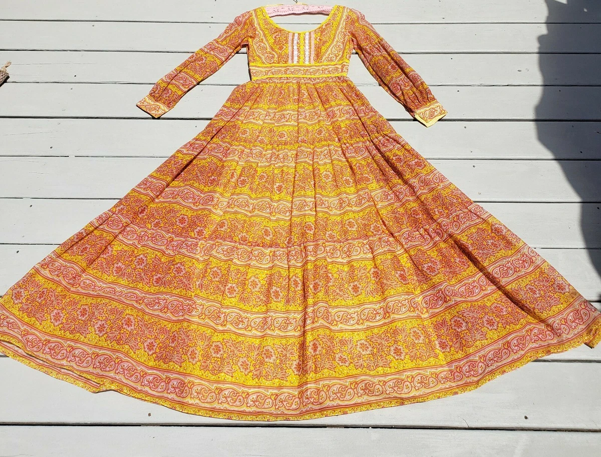 Vintage 60s/70s Cottagecore Cotton Voile Maxi Dress Paisley xs