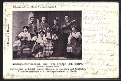 Gesangs- und Tanzgruppe Euterpe, Dir. Roberto Perris, Ansichtskarte 1905 