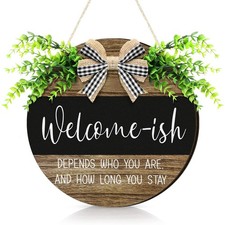 Welcome Sign for Front Door Hanging Wooden Plaque with Artificial Leaves Roun...