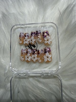 3D Flower Glitter Full Cover Square Medium Artificial Nails Nude Purple White