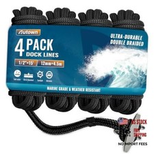 4 Pack 1/2" x 15' Boat Dock Lines, Premium Marine-Grade Double Braided Nylon