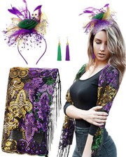 4 Pcs Mardi Gras Costumes for Women Mardi Gras Outfit Shawl Scarf with Feathe...