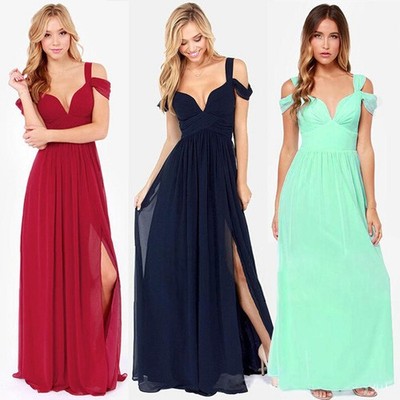 Womens Off Shoulder Chiffon Maxi Dress V Neck High Slit Formal Gown S-XXL