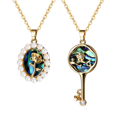 Womens Abalone Shell Imitation Pearl Rose Pendant Necklace Stainless Steel Chain