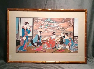 ''A Winter Party #2'' Japanese Utagawa Toyoharu Silk / Bamboo Frame Big Art Print