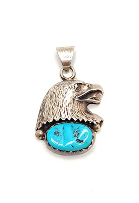 Nila Cook Johnson Navajo Signed Sterling Silver Turquoise Eagle Head Pendant
