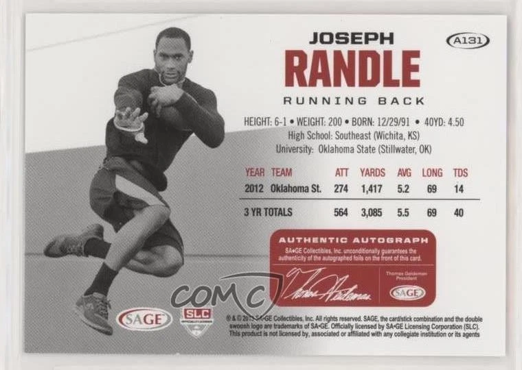 2013 SAGE Hit Auto Gold /250 Joseph Randle #A131 Rookie Auto RC - Image 2 of 2