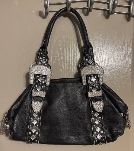 Women’s CHARM and LUCK Black Silver Accents Leather Style Bag Purse