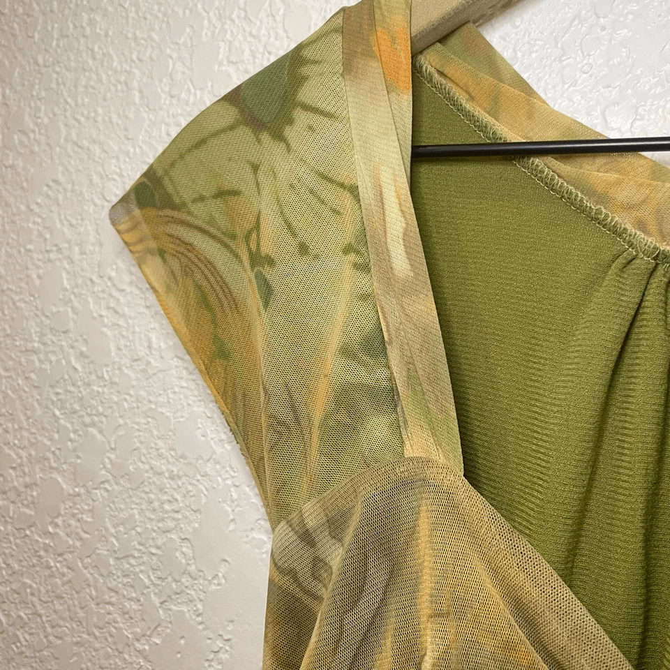 Y2K Weston Wear Green Mesh Floral Fairy Fairycore Cap Sleeve Babydoll Top Size M - Image 4 of 4