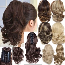 Short Claw Clip in Hair Extensions Ponytail Brown Curly Wavy Synthetic Hairpiece
