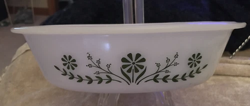 Vintage Glasbake J-235 Milk Glass 1 Qt Oval Casserole Dish NO Lid Green Flowers