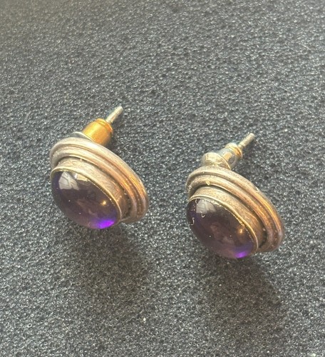 925 Silver Purple Oval Amethyst Natural Stone Stud Earrings 15mm X 12mm X 6mm - Picture 4 of 4