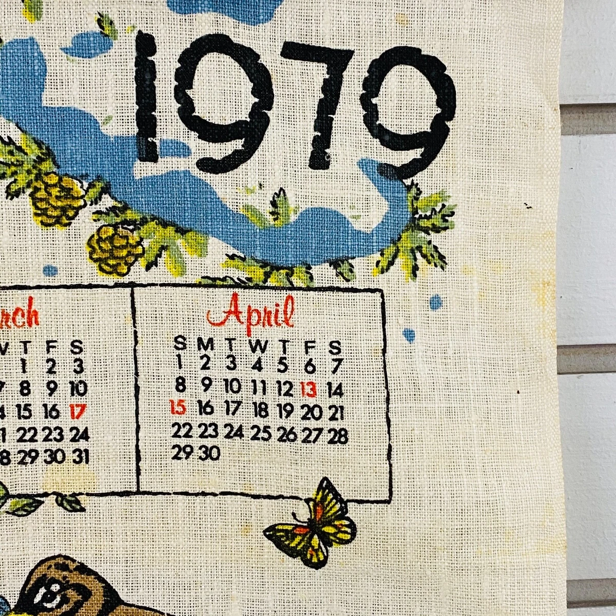 vintage-1979-calendar-tea-towel-birds-butterfly-linen-16x27-for-hanging-display-ebay