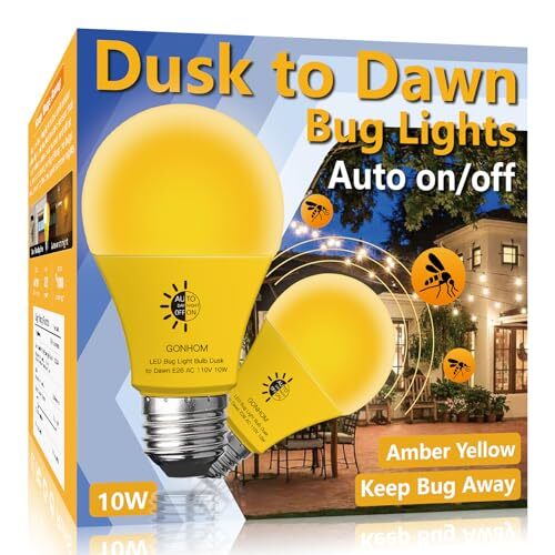 Dusk to Dawn Bug Light Bulb Outdoor,2 Pack Amber Bug Light Bulb,Auto On/Off,1...