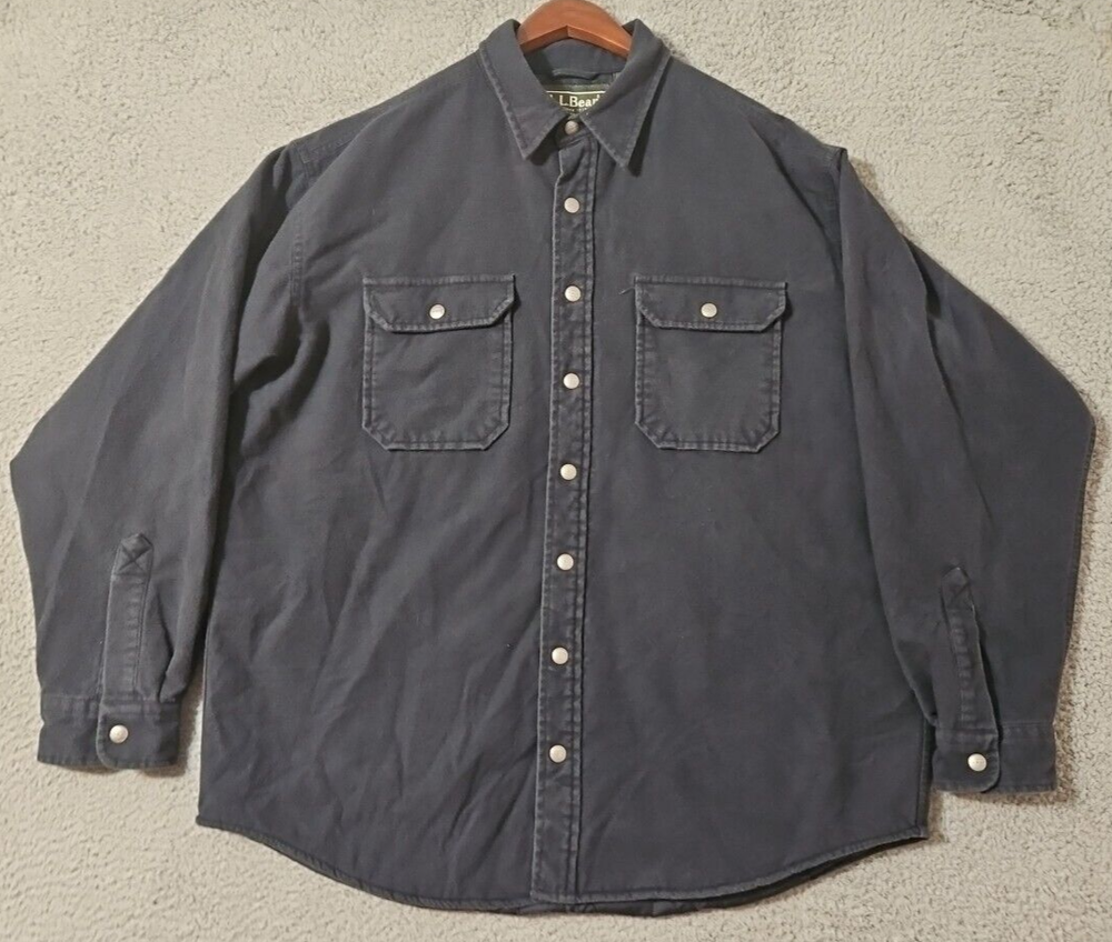 LL BEAN Jacket Shacket Men’s Large Quilted Overshirt Navy Blue Flannel Chamois