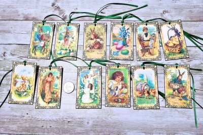 12~Easter~Vintage~Victorian~Bunnies~Eggs~Linen Cardstock~Gift~Hang~Tags