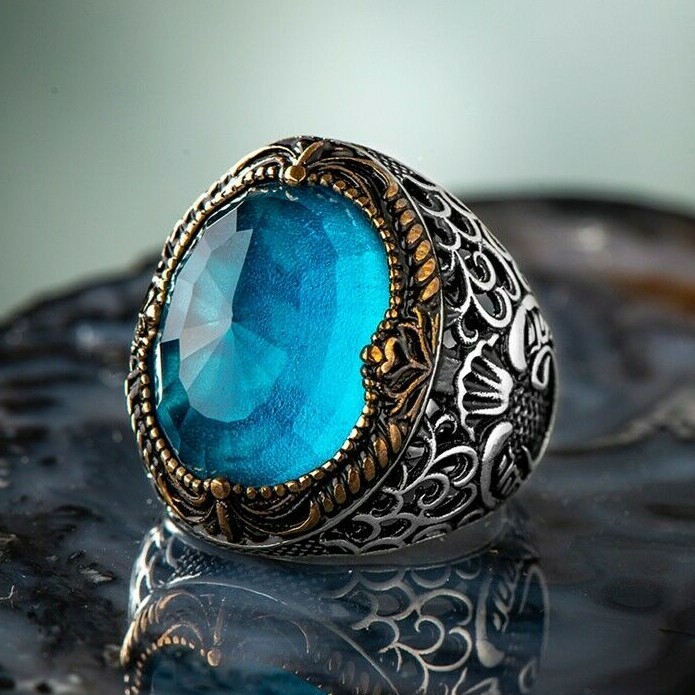 Solid 925 Sterling Silver Vav Design Blue Topaz Stone Men's