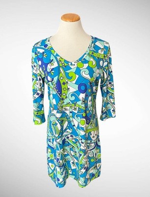 KUNY Abstract Print Swimsuit Coverup Minidress 3/4-Sleeves, Size 10