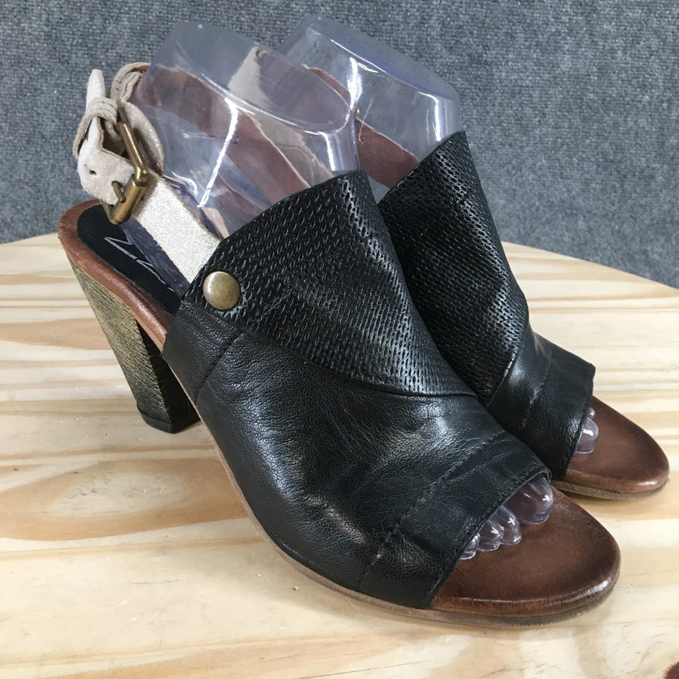 Miz Mooz Sandals Womens 39 Millicent Peep Toe Slingback Black Leather Heels - Image 3 of 4