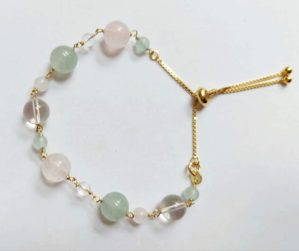 Bracciale in argento 925 dorato oro con quarzo rosa quarzo ialino e avventurina  - Immagine 3 di 4