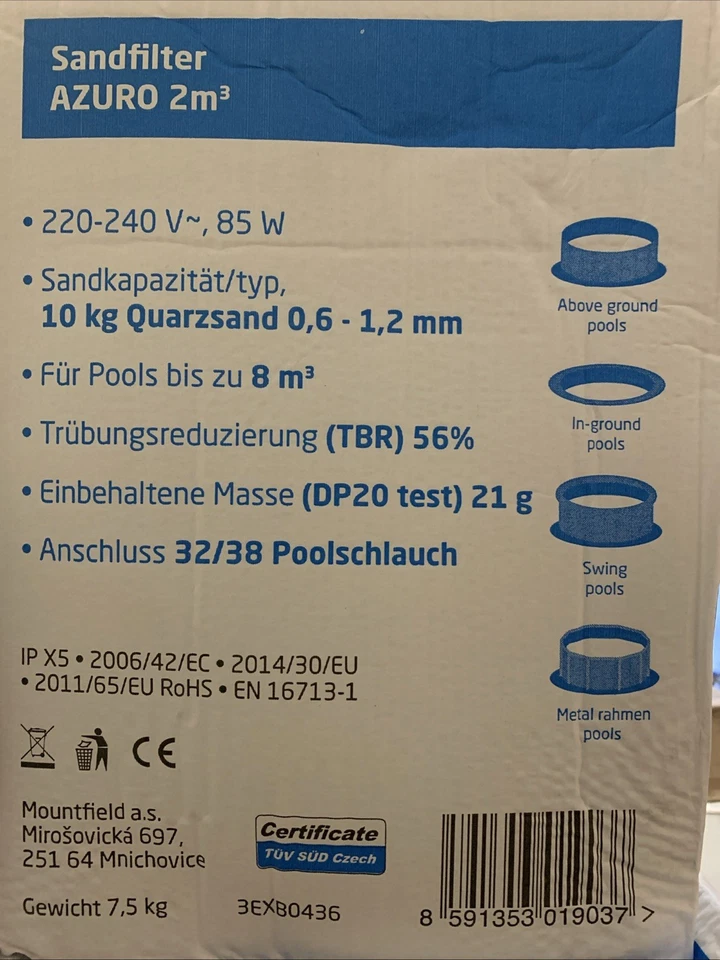Sandfilterangage Azuro 2m3/h Pool Swimmingpool Whirlpool Filter Sandfilter - Bild 2 von 4