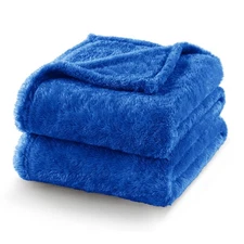Cobalt Blue Plush Fuzzy Fleece Blanket, Queen Size 90x90 Inches, Super Soft