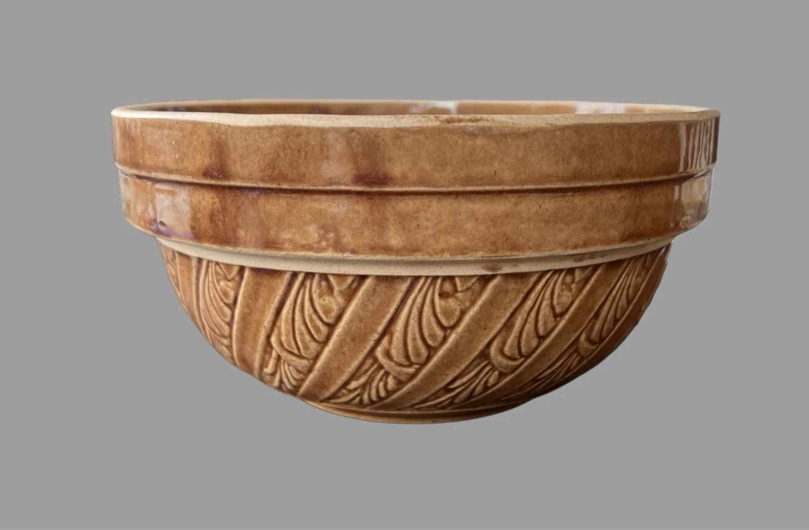 Vintage Brown Embossed Stoneware USA Pottery Mixing Bowl Country Farmhouse McCoy