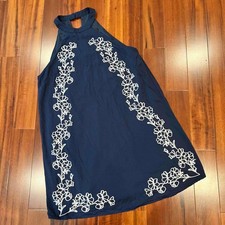 Lulu's Navy Blue Halter Dress Floral Embroidered A Line Sleeveless Size Medium