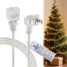 10FT Clear Extension Cord Flat Plug Thin 2Prong Indoor Cable for Christmas Light