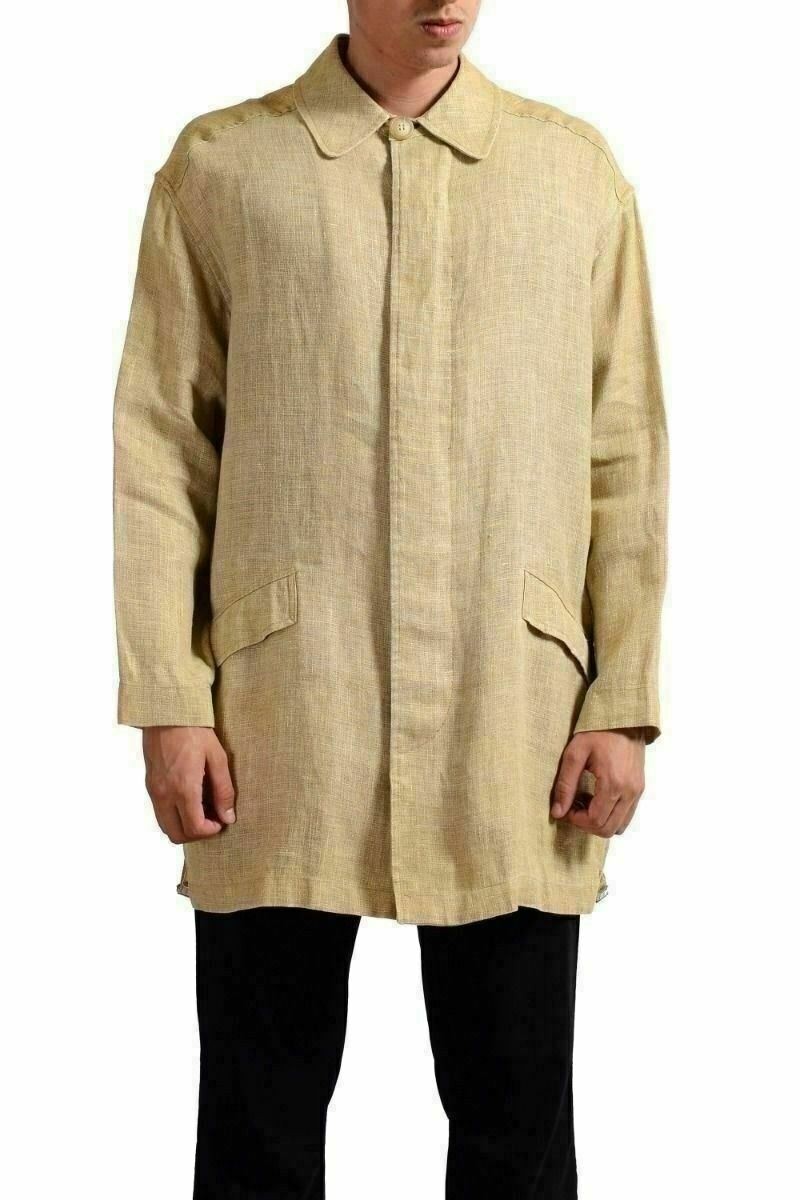 Gianfranco Ferre Льняное бежевое мужское базовое пальто на пуговицах с потертостями US S IT 48 18890₽