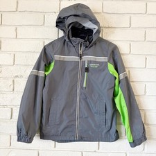 London Fog Kid 10-12 Waterproof Lined Jacket Full Zip Hood Gray Green Reflective