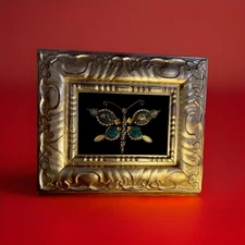 Vintage Jewelry Jeweled Handmade Butterfly Original Art Framed On Velvet