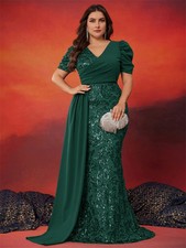 Plus Size Elegant Vneck Sequins Evening Dress Women Short Sleeves Mermaid Formal