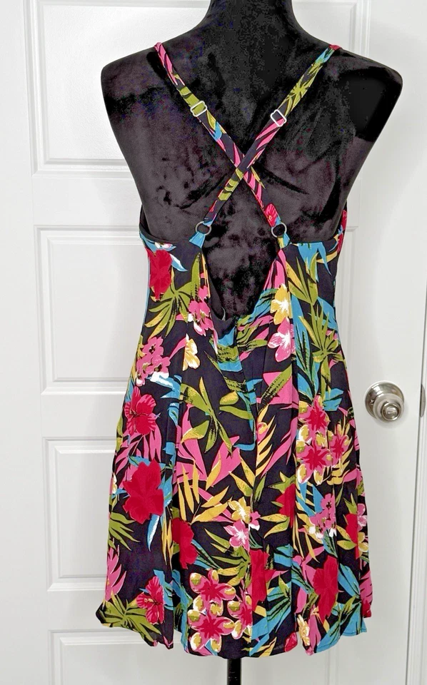 Lucy Love Rachel Slip Dress Women's L Black Floral Tropical Mini Spaghetti Strap - Image 3 of 4