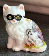 Mosser Glass Fluffy Kitty White Satin Hand-Painted Halloween Mask, Ghost, House