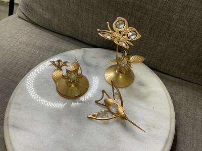 Vtg 24k Gold Plated Austrian Crystal Bird Rose Flower Butterfly Figure Lot Of 3