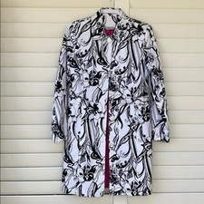 Jessica Trench Coat Long White Black Floral Print Cotton Blend Pink Lined Size 8