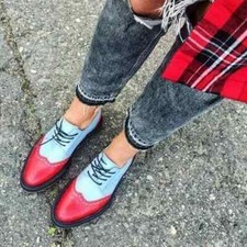 Handmade Women's Blue  Red Leather Oxford Wing Tip Lace Up Brogue Dress Shoes