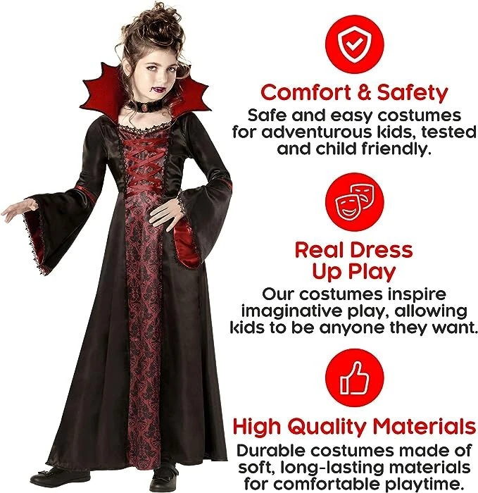 Deluxe Girls Vampire Costume Kids Gothic Royal Vampiress Dracula Dress Halloween - Image 4 of 4