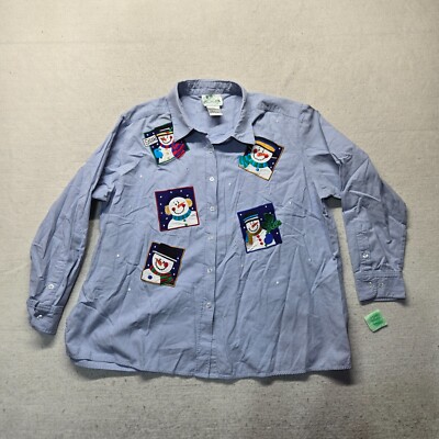 The Quacker Factory Button Up Top  Blue Snowman Patch Adult Women's Plus 1X