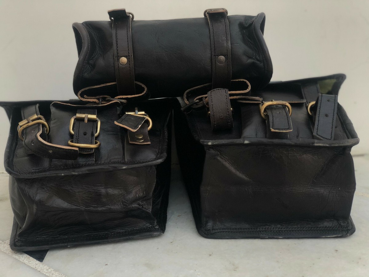 Large Black Motorcycle Saddle Leather Luggage 3 Side Pannier 11