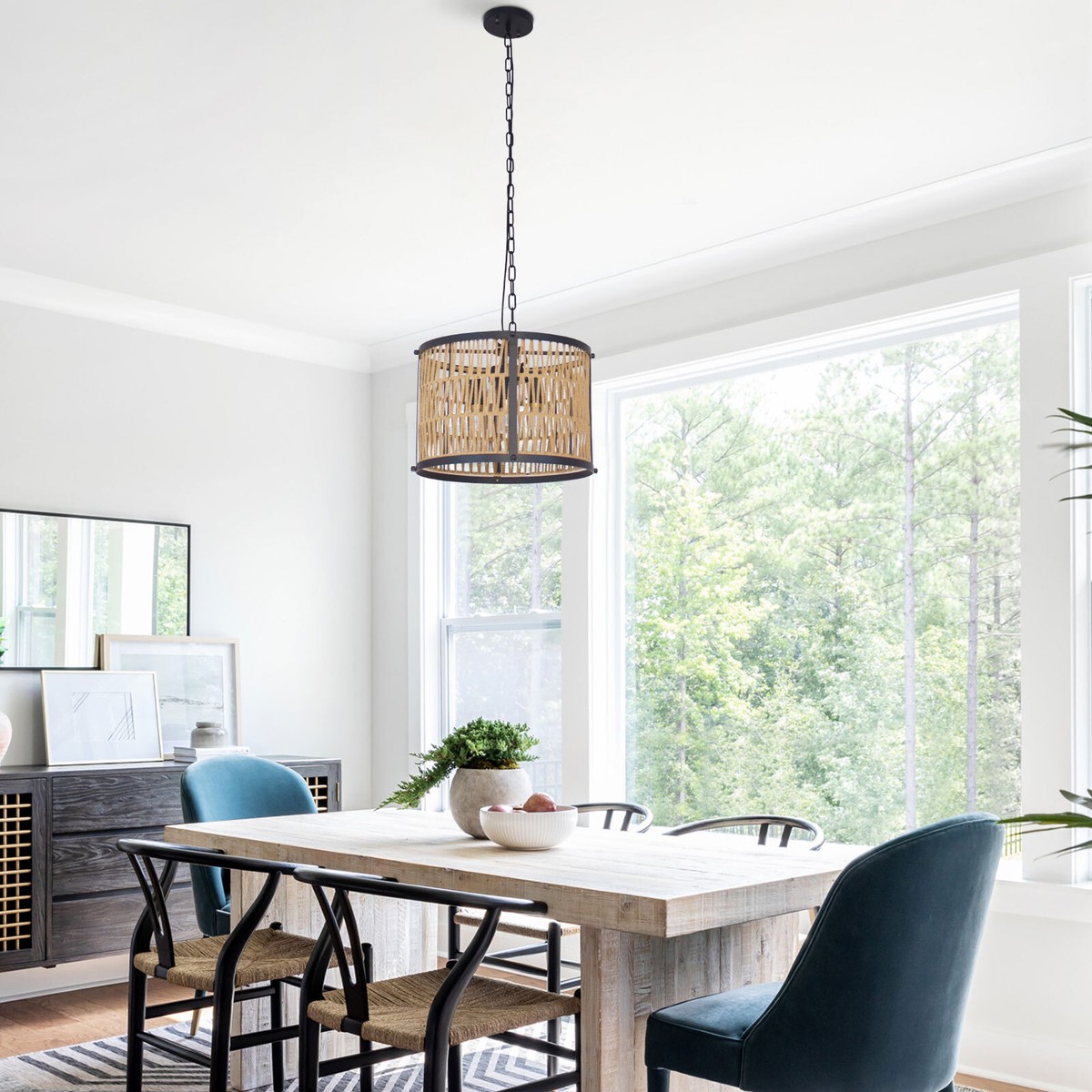 Retro 4-Light Farmhouse Rattan Pendant Light E12 Black