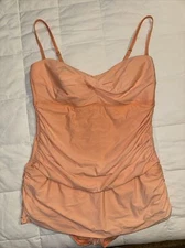 Athena Solid Twist Bandeau Ruched Sides One-Piece Swimsuit/Dress, Peach, 14 EUC